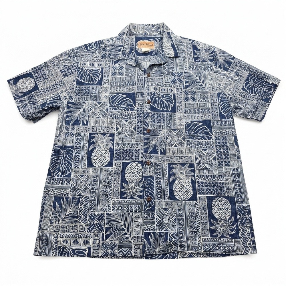 Blue Hawaii Men's XL Aloha Shirt Pineapple Monstera Navy Block Print Made in USA